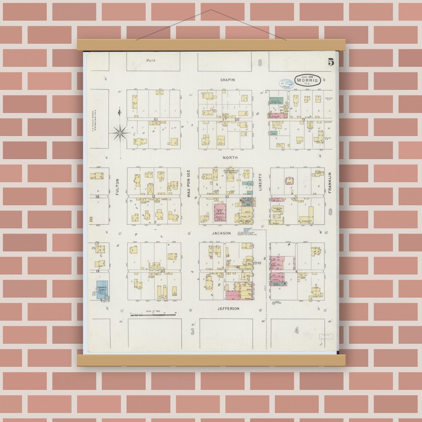 Old map wall art mockup — magnetic wood frame on brick wall — Sanborn Fire Insurance Map from Morris, Grundy County, Illinois (1894), Sheet #0005