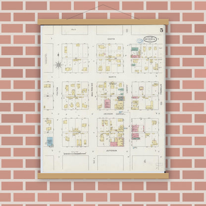 Old map wall art mockup — magnetic wood frame on brick wall — Sanborn Fire Insurance Map from Morris, Grundy County, Illinois (1894), Sheet #0005