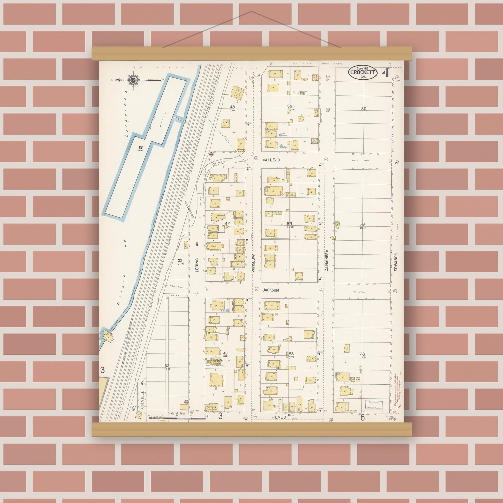 Old map wall art mockup — magnetic wood frame on brick wall — Sanborn Fire Insurance Map from Crockett, Contra Costa County, California (1913), Sheet #0004