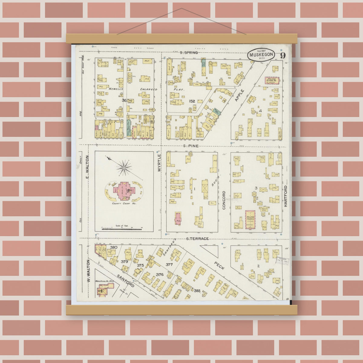 Old map wall art mockup — magnetic wood frame on brick wall — Sanborn Fire Insurance Map from Muskegon, Muskegon County, Michigan (1887), Sheet #0009
