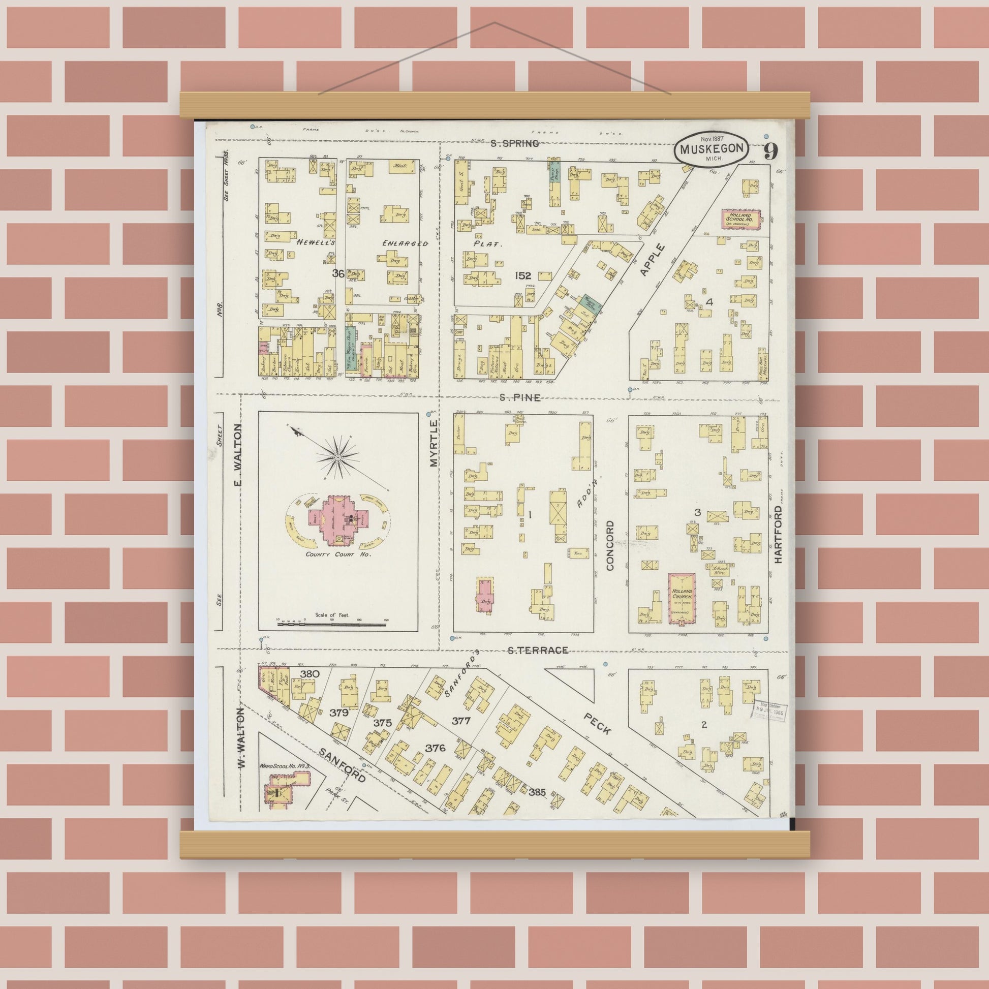 Old map wall art mockup — magnetic wood frame on brick wall — Sanborn Fire Insurance Map from Muskegon, Muskegon County, Michigan (1887), Sheet #0009