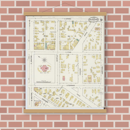 Old map wall art mockup — magnetic wood frame on brick wall — Sanborn Fire Insurance Map from Muskegon, Muskegon County, Michigan (1887), Sheet #0009