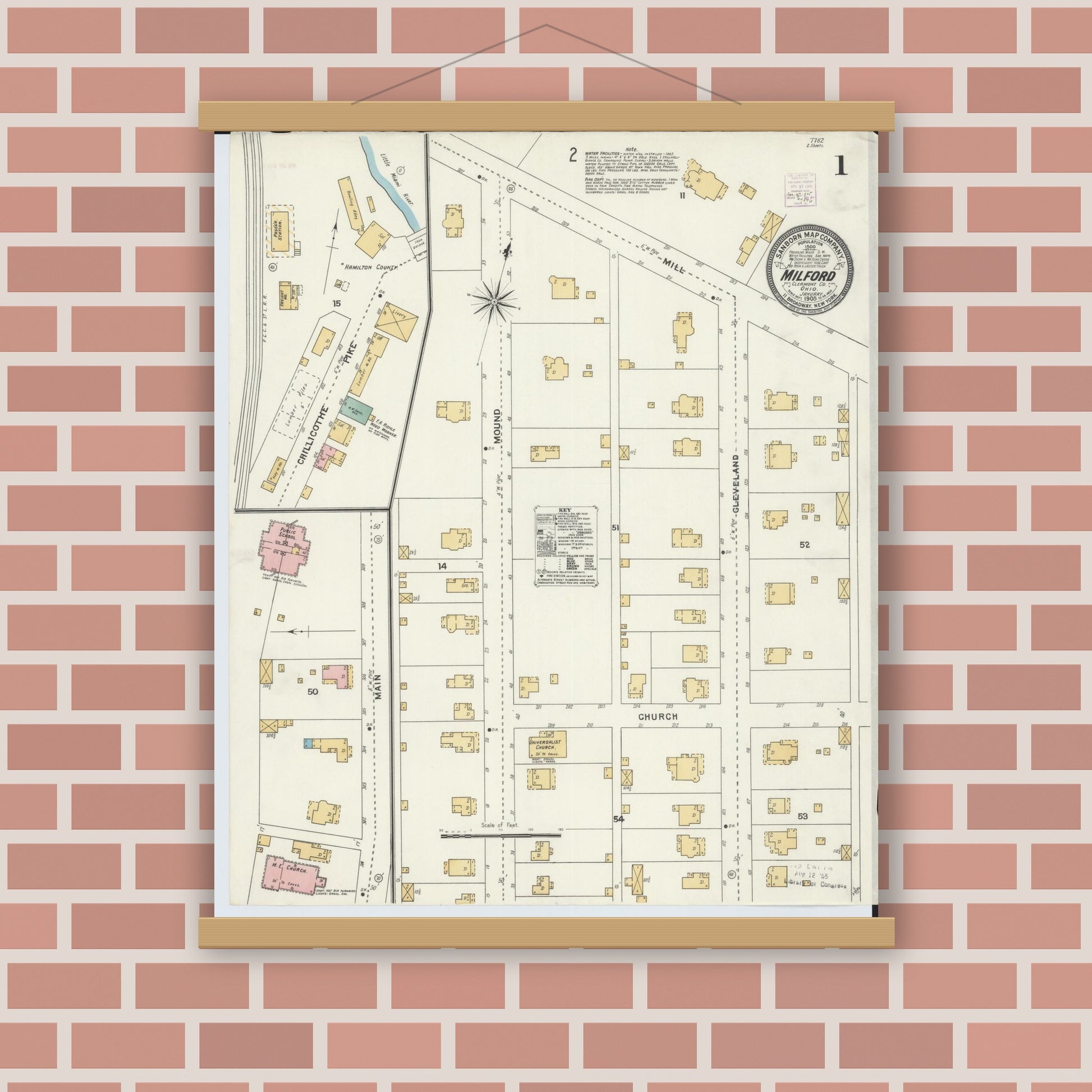 Old map wall art mockup — magnetic wood frame on brick wall — Sanborn Fire Insurance Map from Milford, Clermont And Hamilton County, Ohio (1905) - Complete Map Set