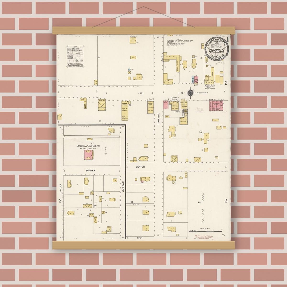 Old map wall art mockup — magnetic wood frame on brick wall — Sanborn Fire Insurance Map from Cedarville, Modoc County, California (1912), Sheet #0001
