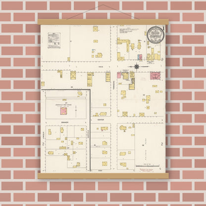 Old map wall art mockup — magnetic wood frame on brick wall — Sanborn Fire Insurance Map from Cedarville, Modoc County, California (1912), Sheet #0001