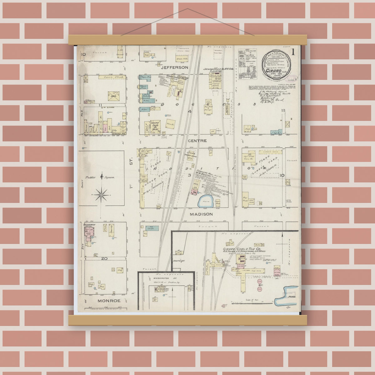 Old map wall art mockup — magnetic wood frame on brick wall — Sanborn Fire Insurance Map from Girard, Macoupin County, Illinois (1886), Sheet #0001