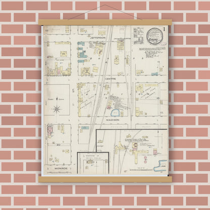 Old map wall art mockup — magnetic wood frame on brick wall — Sanborn Fire Insurance Map from Girard, Macoupin County, Illinois (1886), Sheet #0001