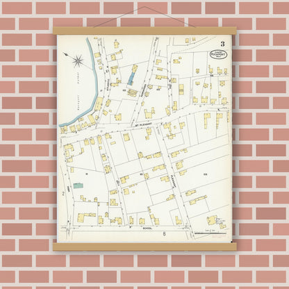 Old map wall art mockup — magnetic wood frame on brick wall — Sanborn Fire Insurance Map from Rockport, Essex County, Massachusetts (1907), Sheet #0003