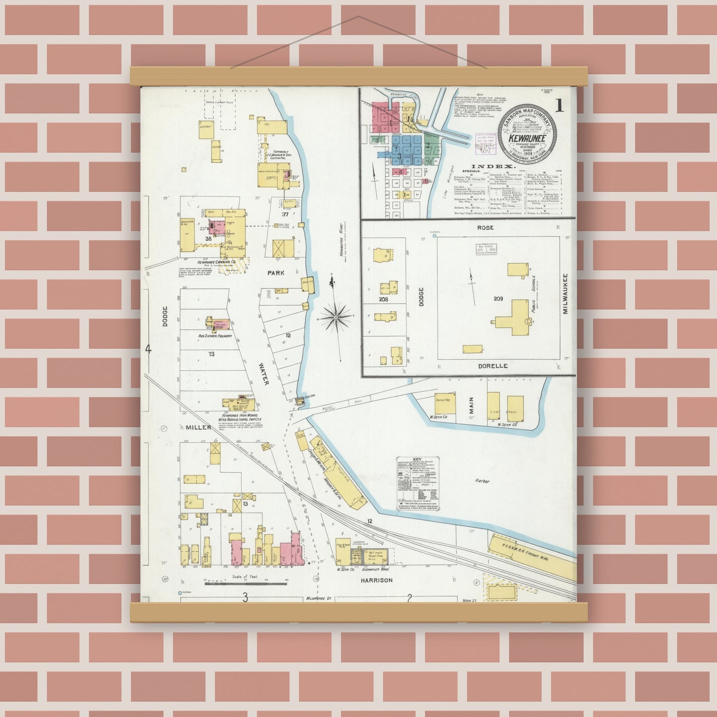 Old map wall art mockup — magnetic wood frame on brick wall — Sanborn Fire Insurance Map from Kewaunee, Kewaunee County, Wisconsin (1905) - Complete Map Set