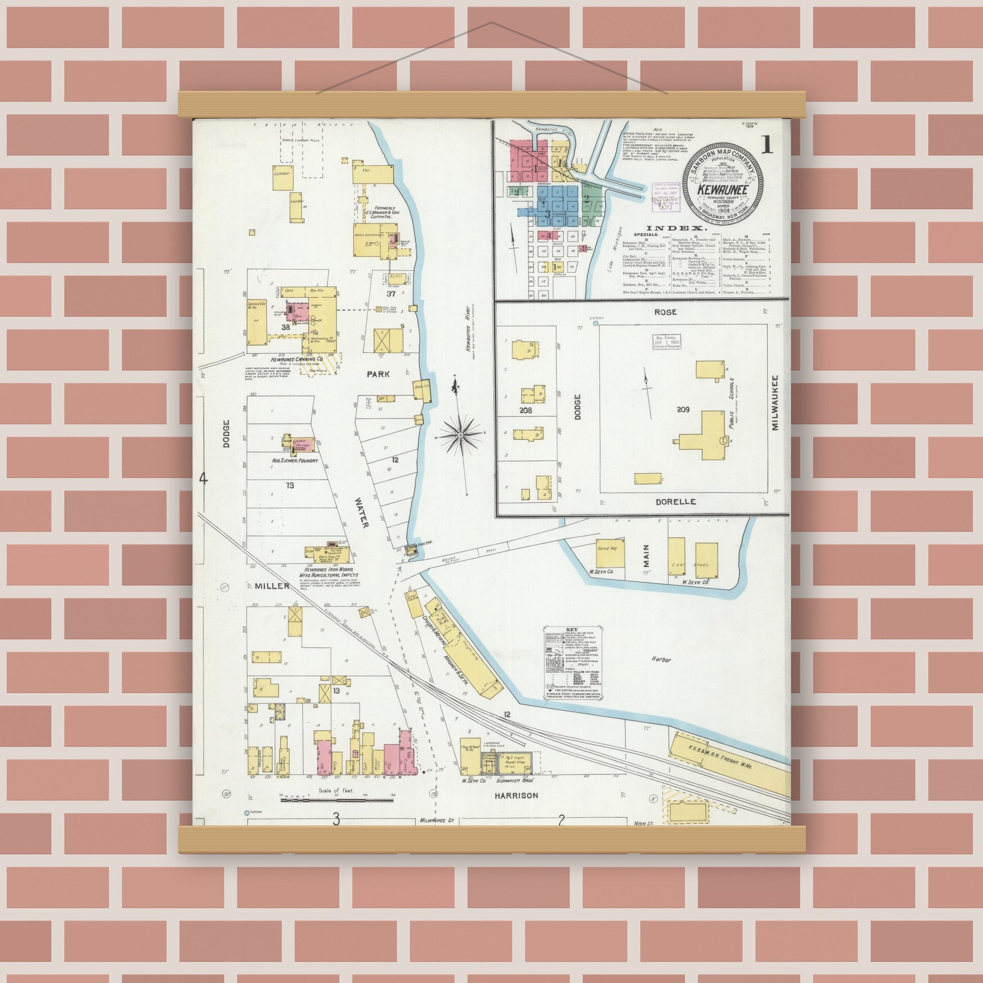 Old map wall art mockup — magnetic wood frame on brick wall — Sanborn Fire Insurance Map from Kewaunee, Kewaunee County, Wisconsin (1905) - Complete Map Set