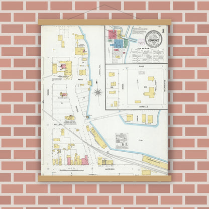 Old map wall art mockup — magnetic wood frame on brick wall — Sanborn Fire Insurance Map from Kewaunee, Kewaunee County, Wisconsin (1905) - Complete Map Set
