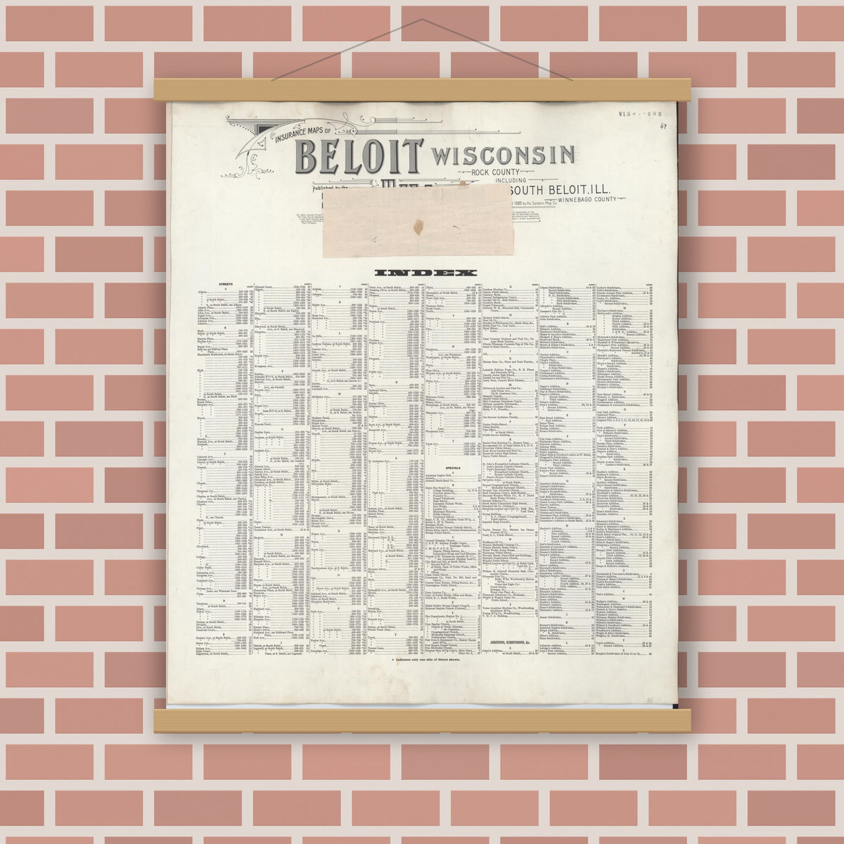 Old map wall art mockup — magnetic wood frame on brick wall — Sanborn Fire Insurance Map from Beloit, Rock County, Wisconsin (1950), Sheet #0001