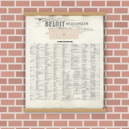 Old map wall art mockup — magnetic wood frame on brick wall — Sanborn Fire Insurance Map from Beloit, Rock County, Wisconsin (1950), Sheet #0001