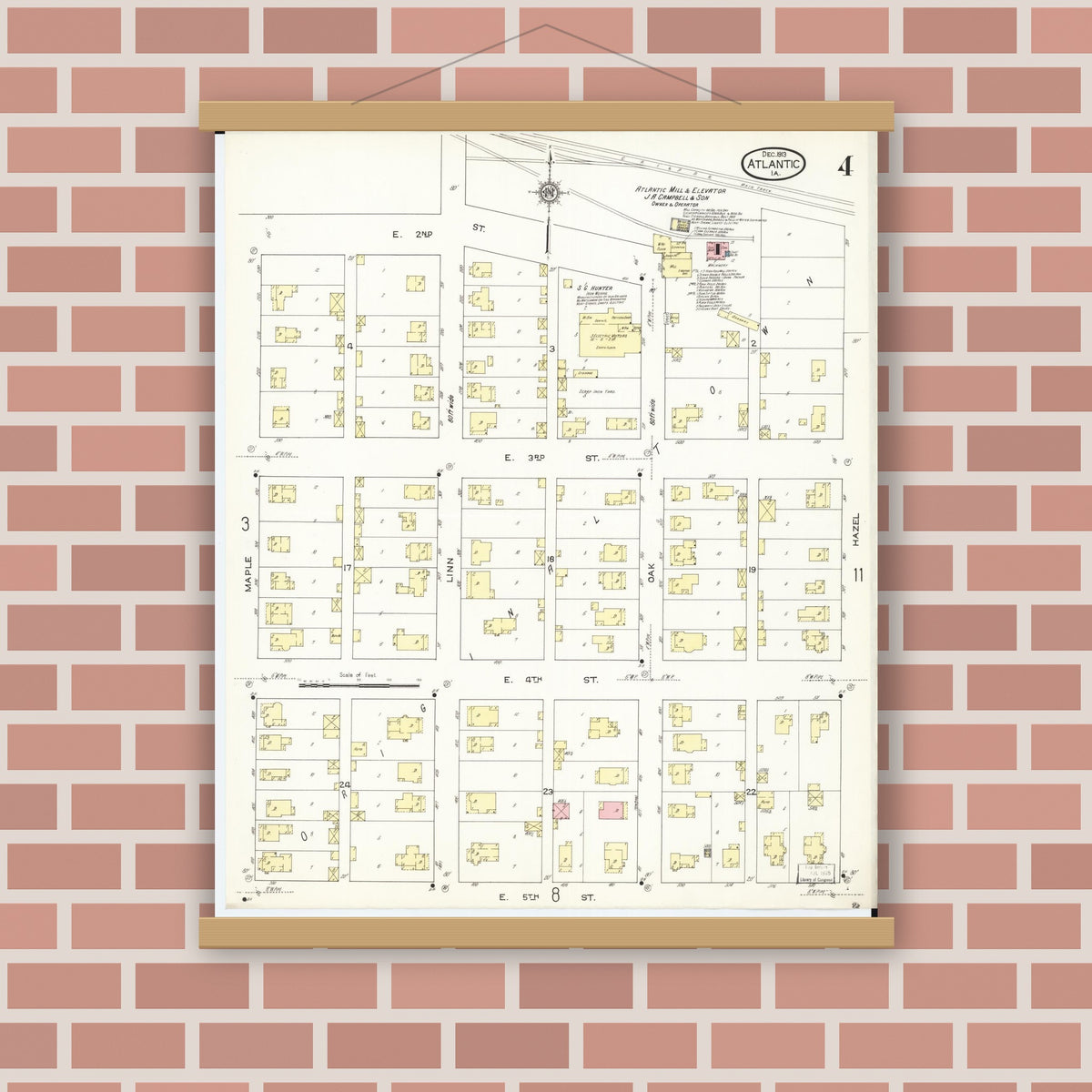 Old map wall art mockup — magnetic wood frame on brick wall — Sanborn Fire Insurance Map from Atlantic, Cass County, Iowa (1913), Sheet #0004