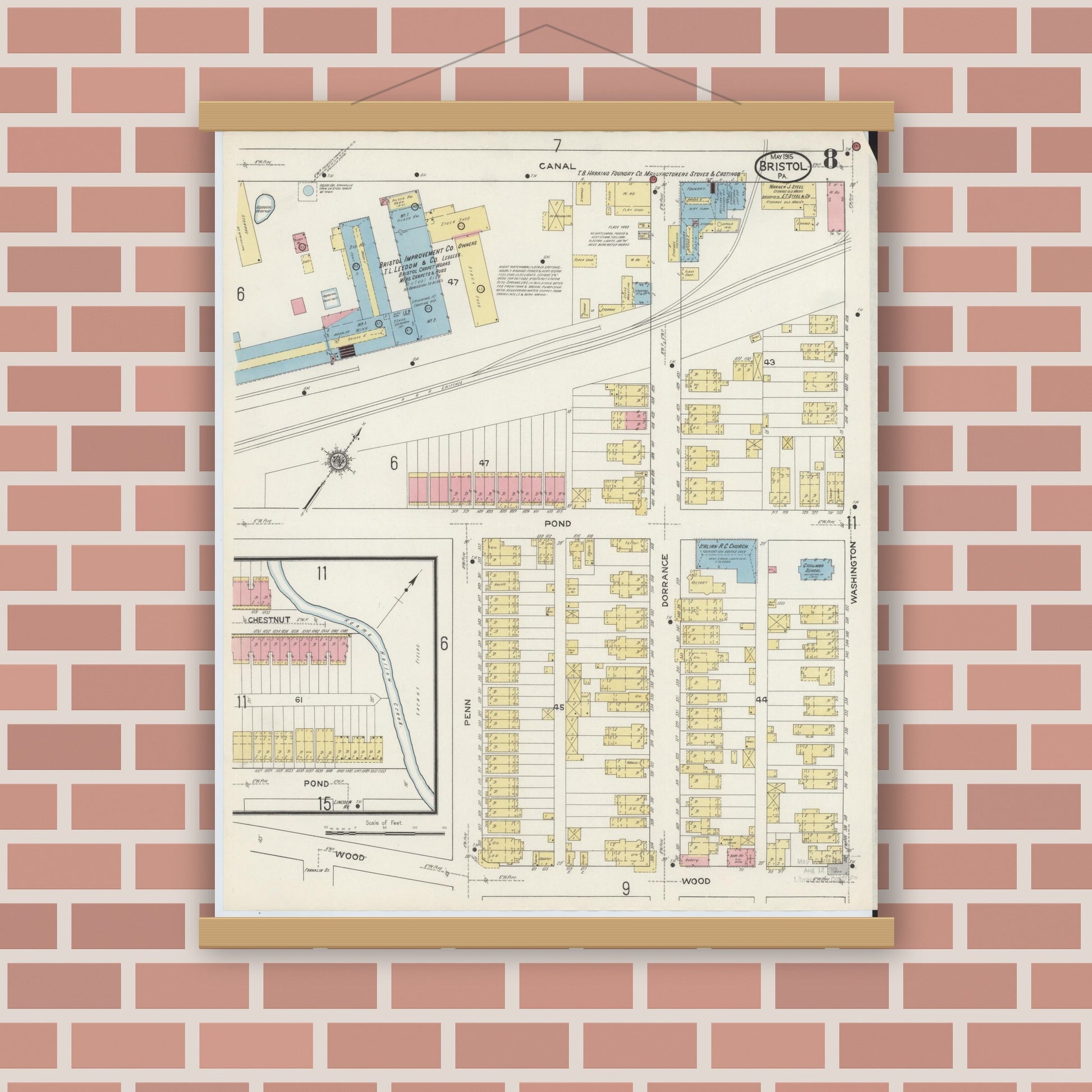 Old map wall art mockup — magnetic wood frame on brick wall — Sanborn Fire Insurance Map from Bristol, Bucks County, Pennsylvania (1915), Sheet #0008