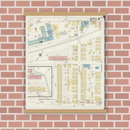 Old map wall art mockup — magnetic wood frame on brick wall — Sanborn Fire Insurance Map from Bristol, Bucks County, Pennsylvania (1915), Sheet #0008