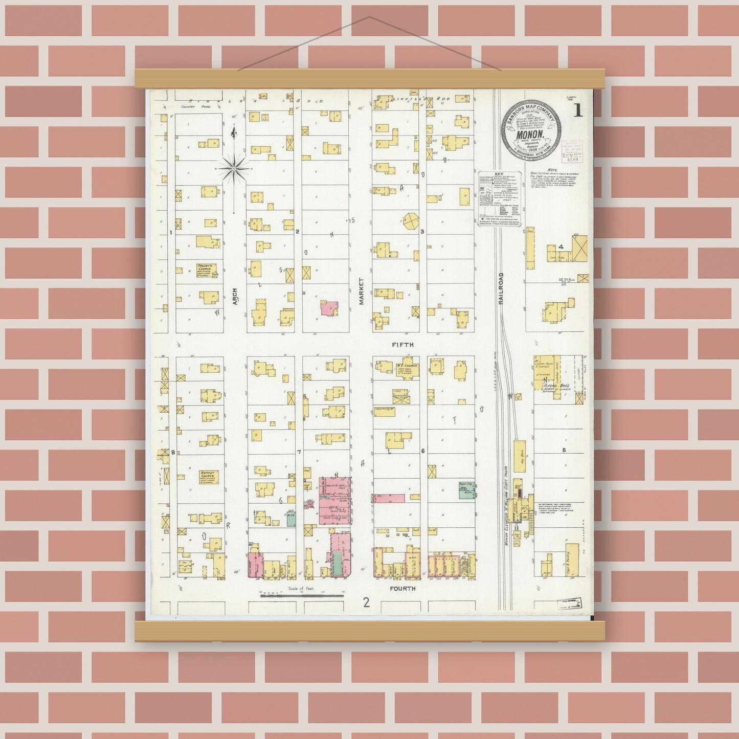 Old map wall art mockup — magnetic wood frame on brick wall — Sanborn Fire Insurance Map from Monon, White County, Indiana (1904) - Complete Map Set