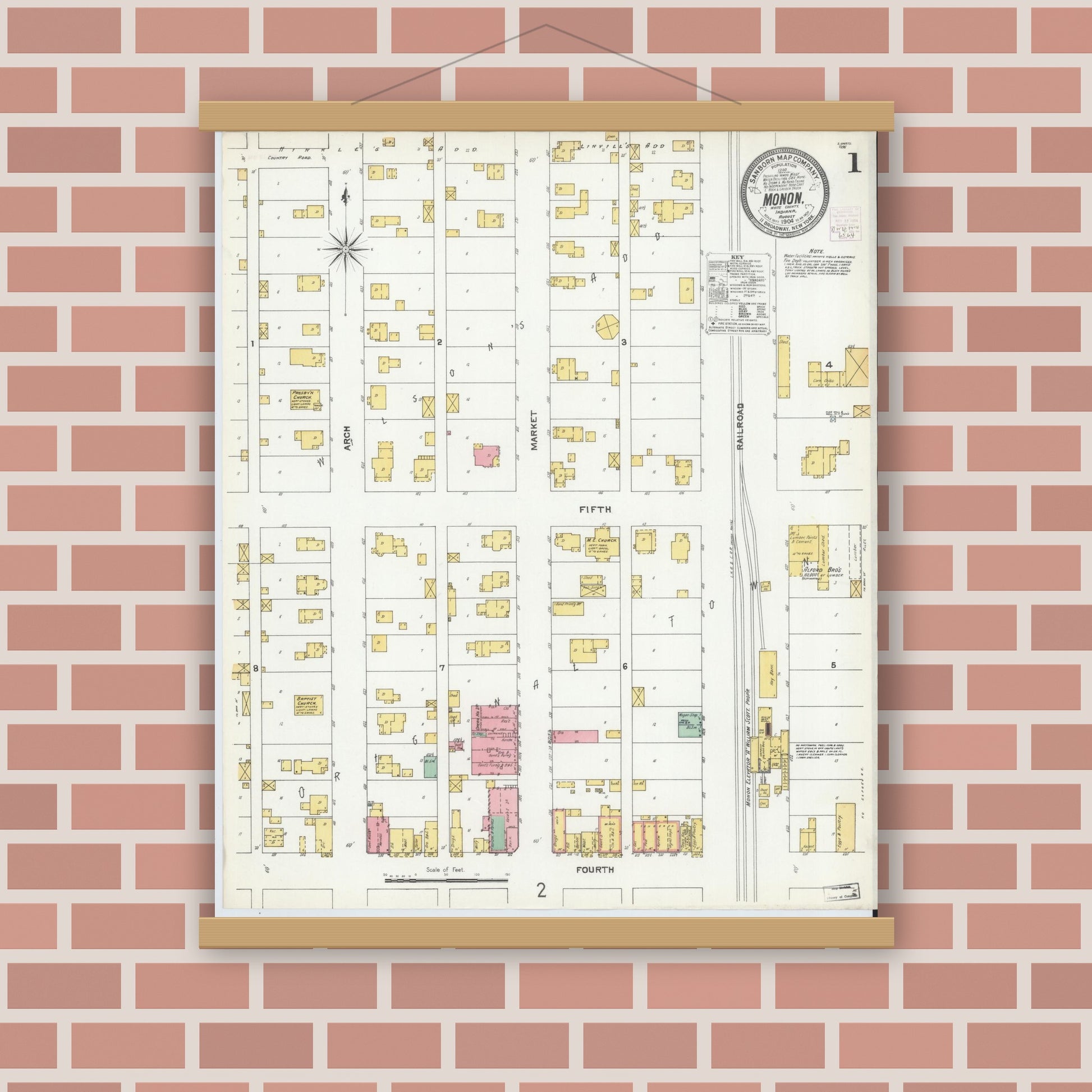Old map wall art mockup — magnetic wood frame on brick wall — Sanborn Fire Insurance Map from Monon, White County, Indiana (1904) - Complete Map Set