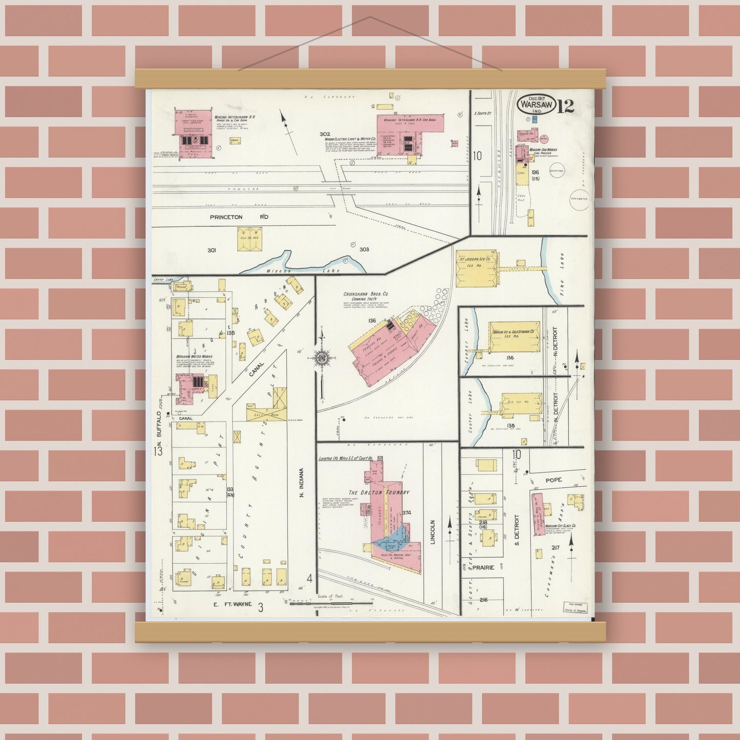 Old map wall art mockup — magnetic wood frame on brick wall — Sanborn Fire Insurance Map from Warsaw, Kosciusko County, Indiana (1917), Sheet #0012