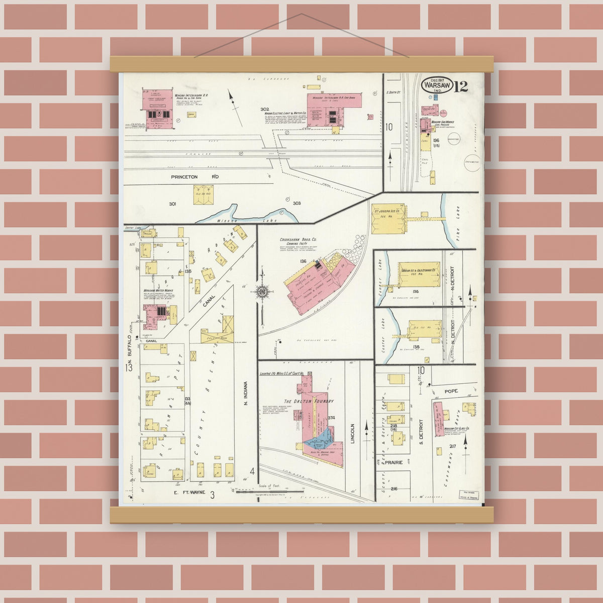 Old map wall art mockup — magnetic wood frame on brick wall — Sanborn Fire Insurance Map from Warsaw, Kosciusko County, Indiana (1917), Sheet #0012