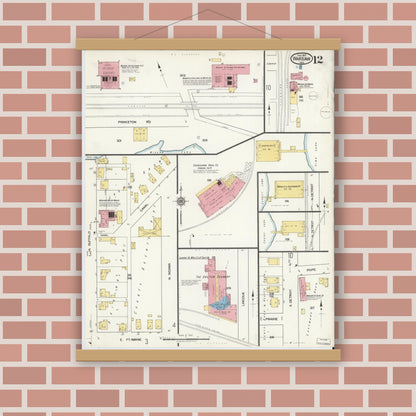 Old map wall art mockup — magnetic wood frame on brick wall — Sanborn Fire Insurance Map from Warsaw, Kosciusko County, Indiana (1917), Sheet #0012