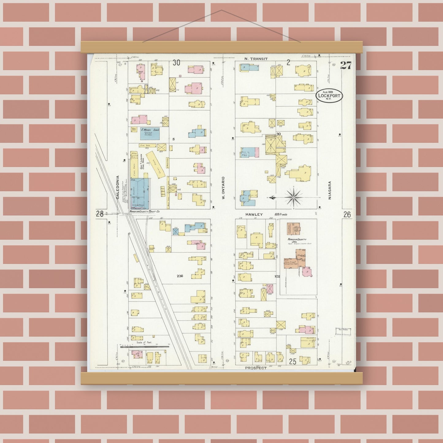 Old map wall art mockup — magnetic wood frame on brick wall — Sanborn Fire Insurance Map from Lockport, Niagara County, New York (1909), Sheet #0027