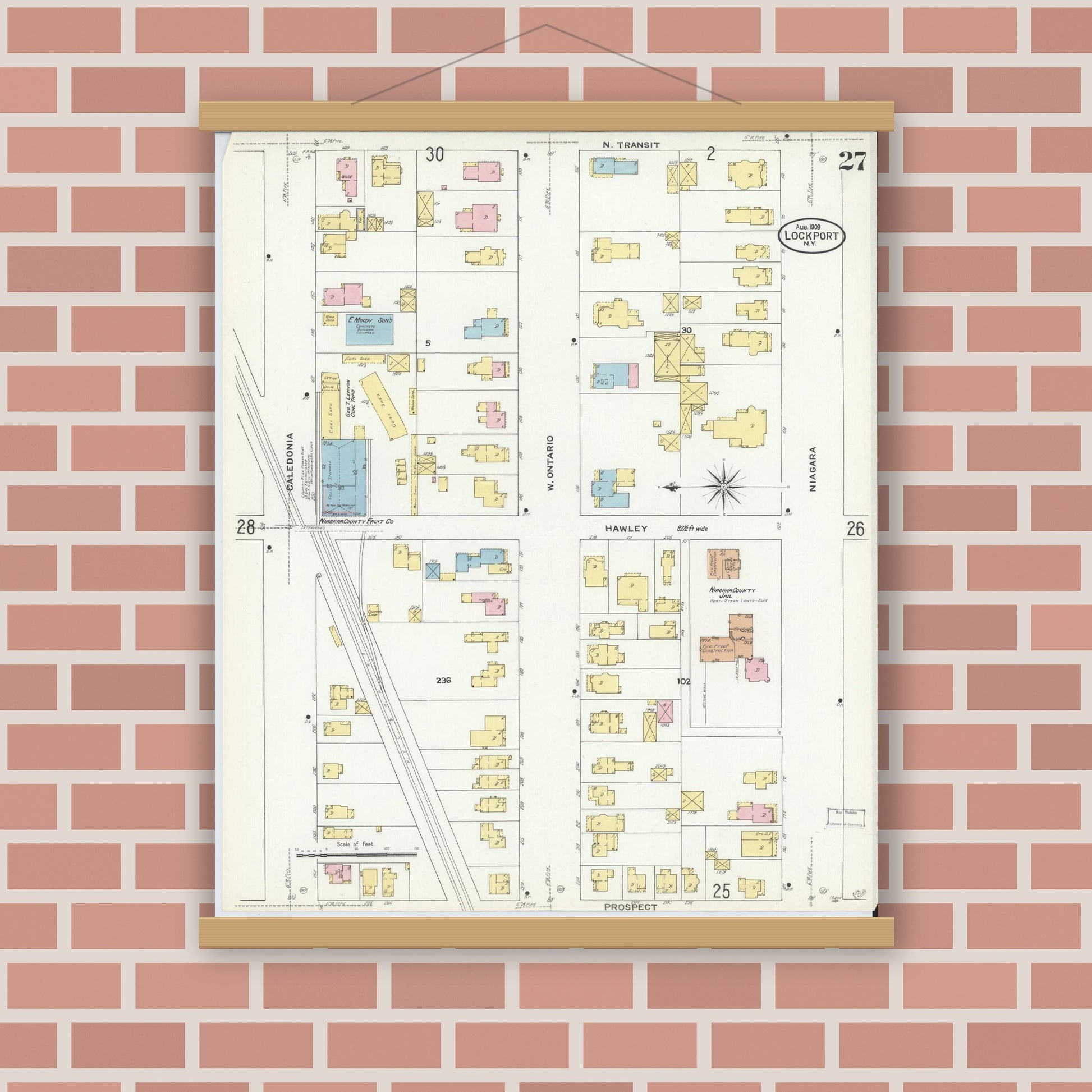 Old map wall art mockup — magnetic wood frame on brick wall — Sanborn Fire Insurance Map from Lockport, Niagara County, New York (1909), Sheet #0027