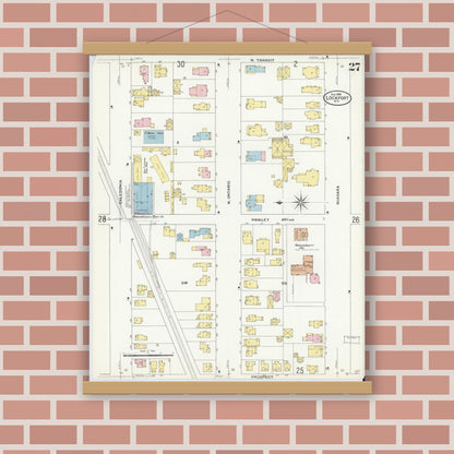 Old map wall art mockup — magnetic wood frame on brick wall — Sanborn Fire Insurance Map from Lockport, Niagara County, New York (1909), Sheet #0027