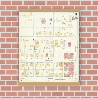 Old map wall art mockup — magnetic wood frame on brick wall — Sanborn Fire Insurance Map from San Marcos, Hays County, Texas (1912), Sheet #0003