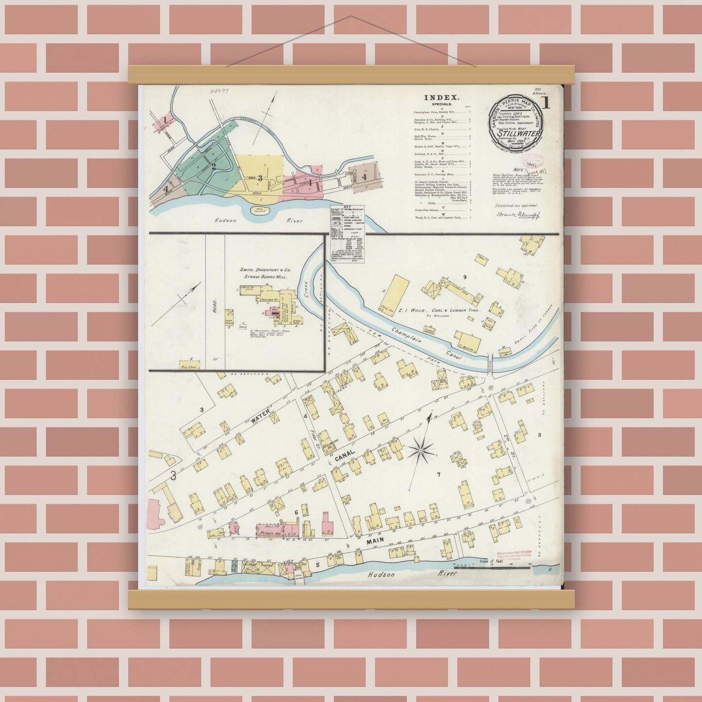 Old map wall art mockup — magnetic wood frame on brick wall — Sanborn Fire Insurance Map from Stillwater, Saratoga County, New York (1897), Sheet #0001