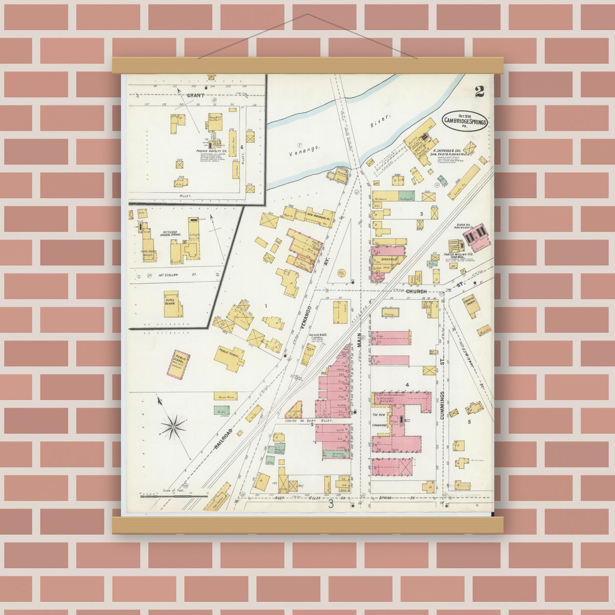 Old map wall art mockup — magnetic wood frame on brick wall — Sanborn Fire Insurance Map from Cambridge Springs, Crawford County, Pennsylvania (1899), Sheet #0002