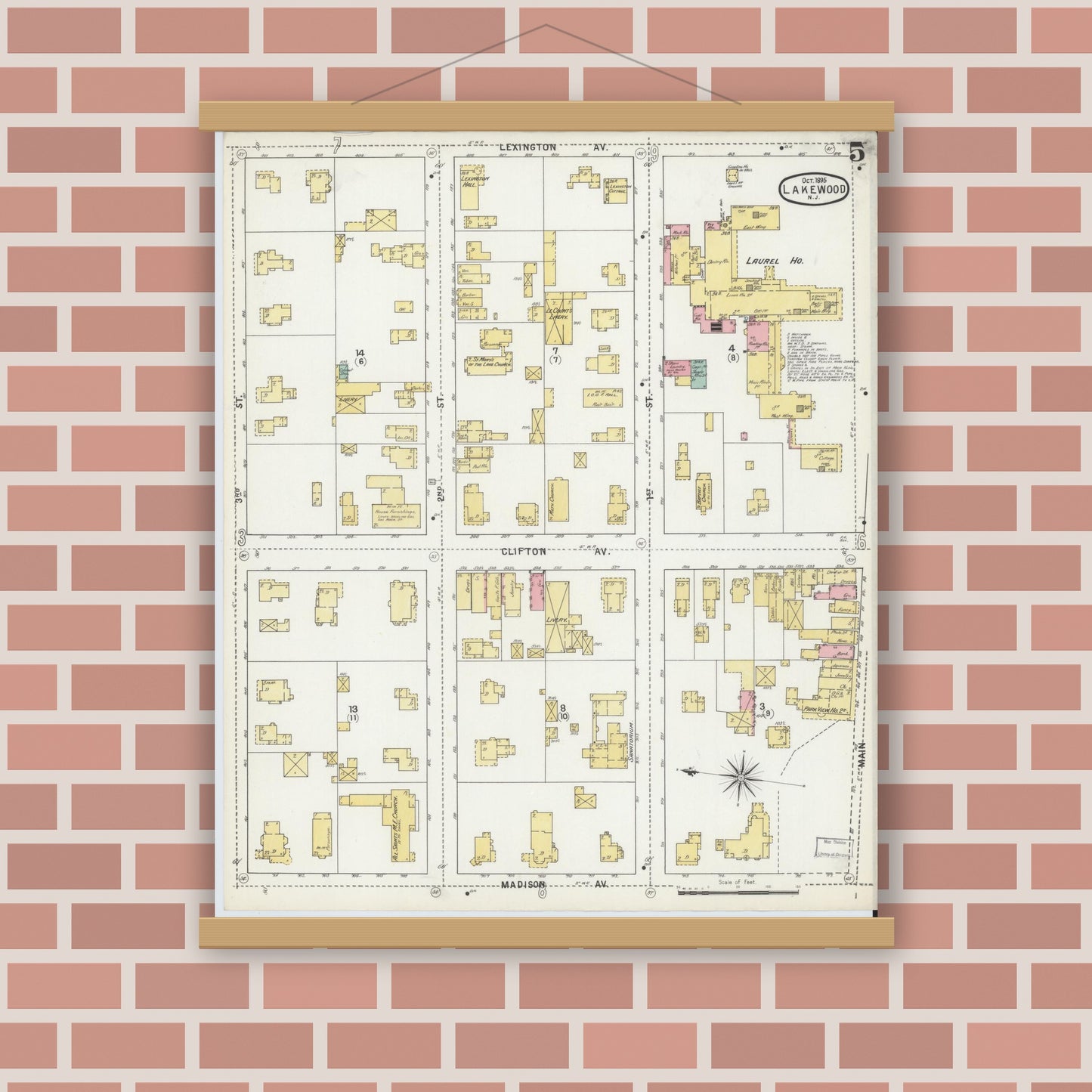 Old map wall art mockup — magnetic wood frame on brick wall — Sanborn Fire Insurance Map from Lakewood, Ocean County, New Jersey (1895), Sheet #0005