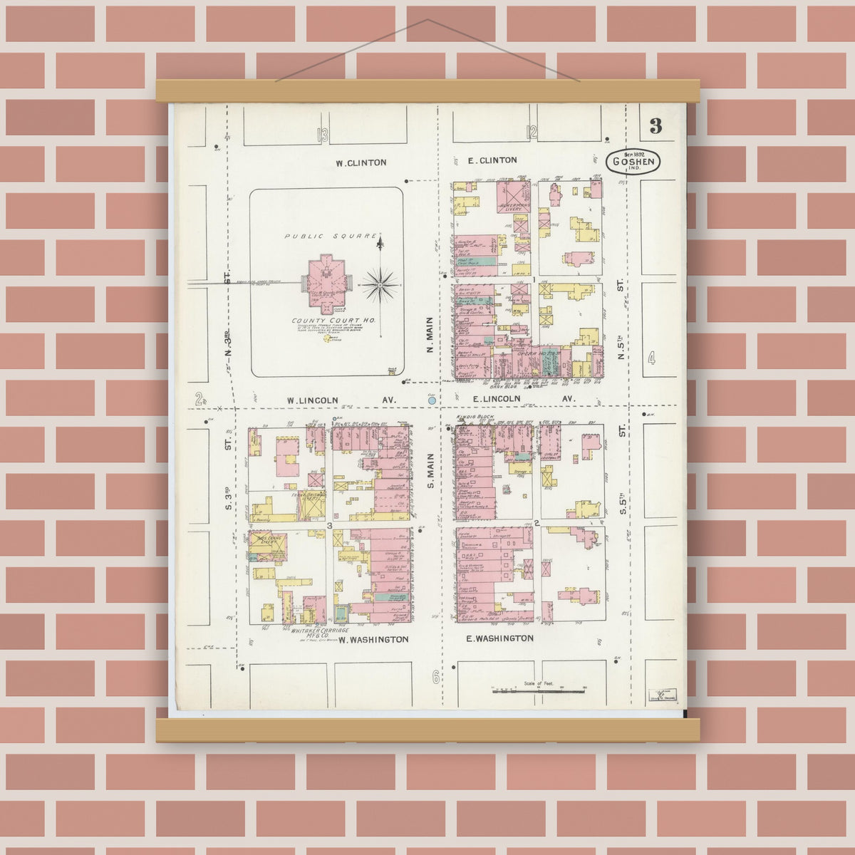 Old map wall art mockup — magnetic wood frame on brick wall — Sanborn Fire Insurance Map from Goshen, Elkhart County, Indiana (1892), Sheet #0003