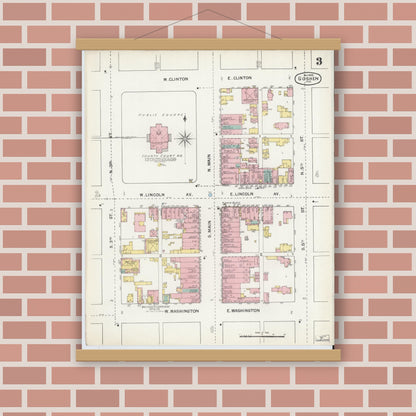 Old map wall art mockup — magnetic wood frame on brick wall — Sanborn Fire Insurance Map from Goshen, Elkhart County, Indiana (1892), Sheet #0003