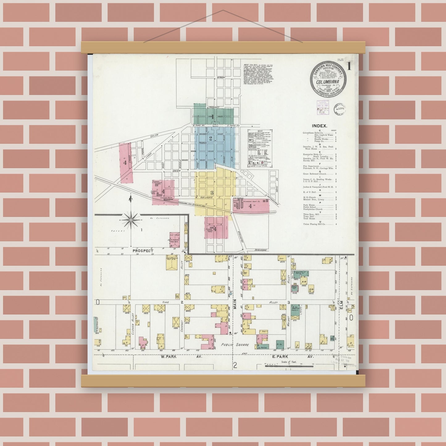 Old map wall art mockup — magnetic wood frame on brick wall — Sanborn Fire Insurance Map from Columbiana, Columbiana County, Ohio (1901) - Complete Map Set