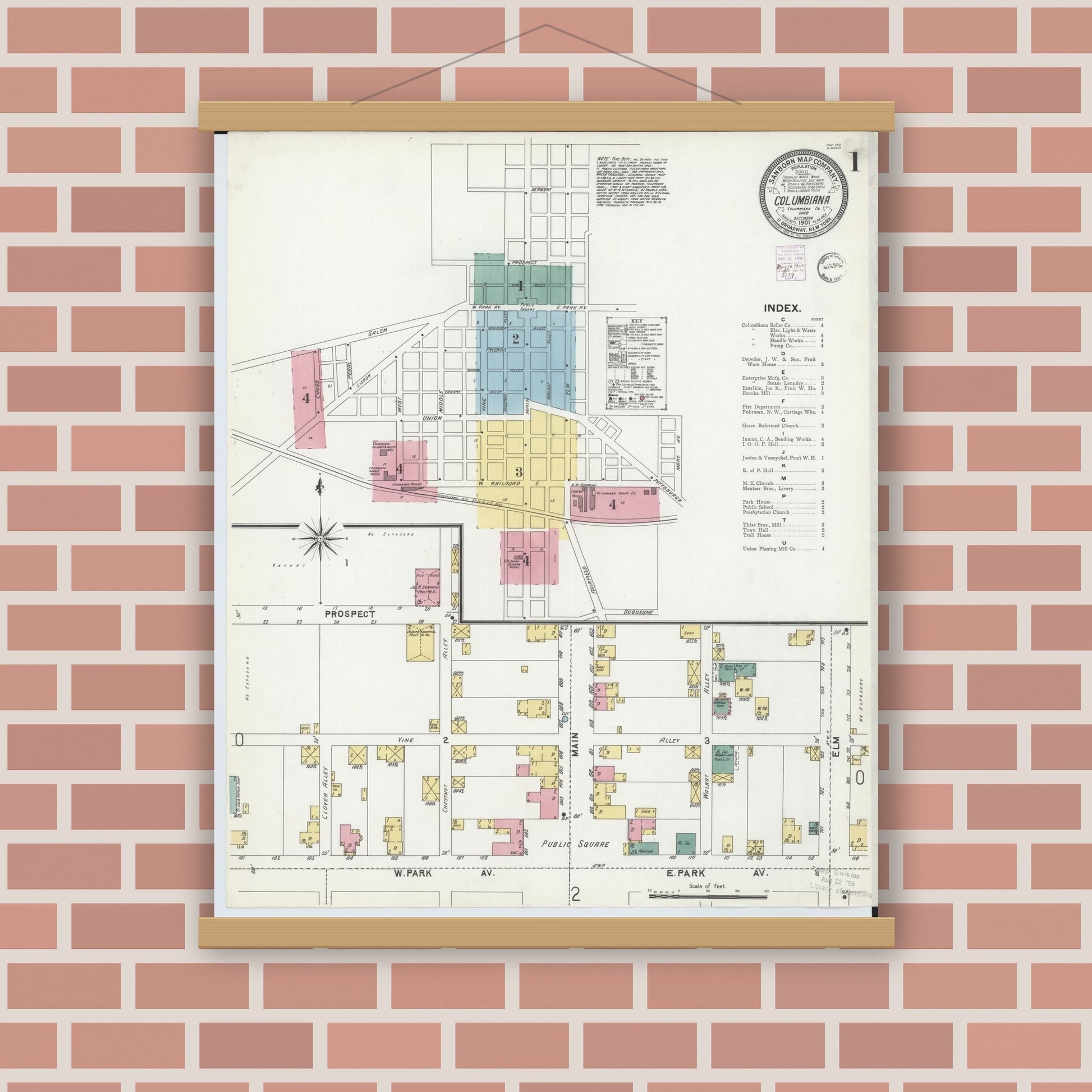 Old map wall art mockup — magnetic wood frame on brick wall — Sanborn Fire Insurance Map from Columbiana, Columbiana County, Ohio (1901) - Complete Map Set