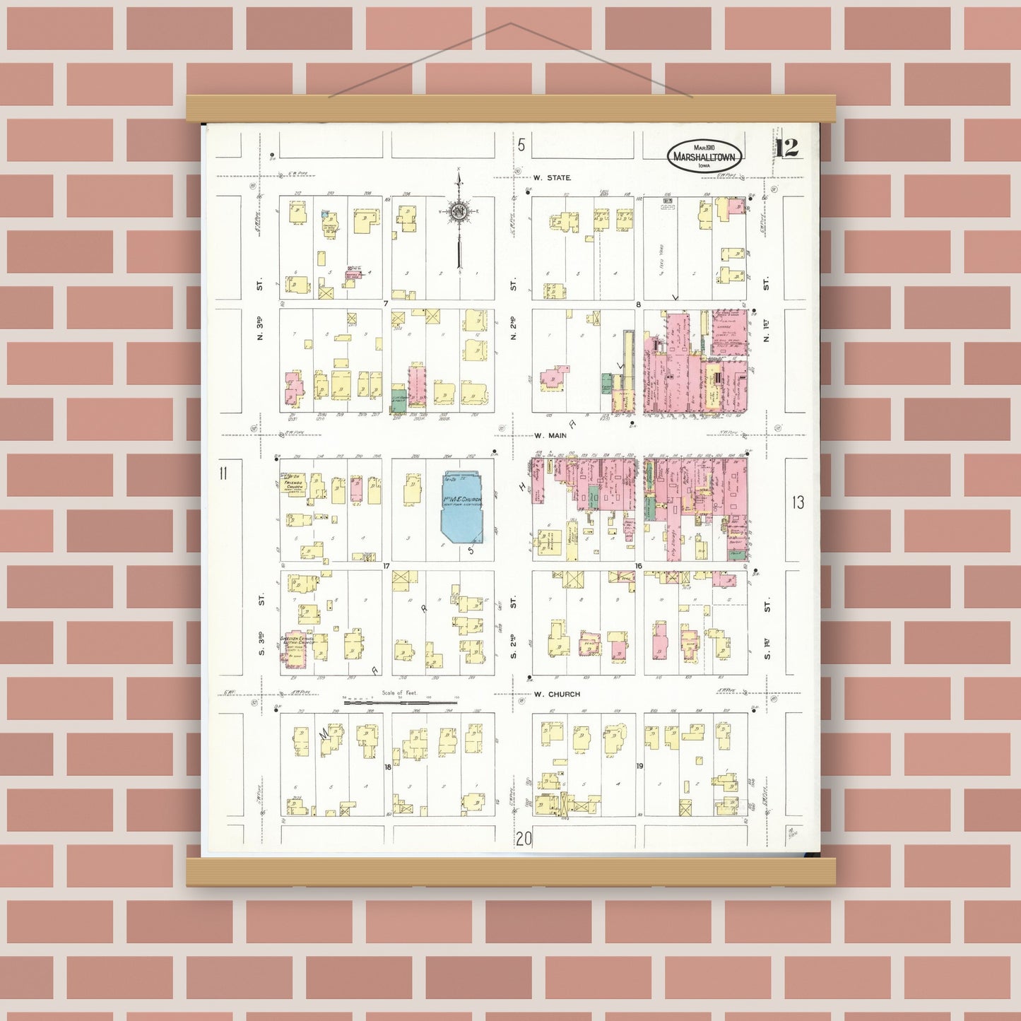 Old map wall art mockup — magnetic wood frame on brick wall — Sanborn Fire Insurance Map from Marshalltown, Marshall County, Iowa (1910), Sheet #0012