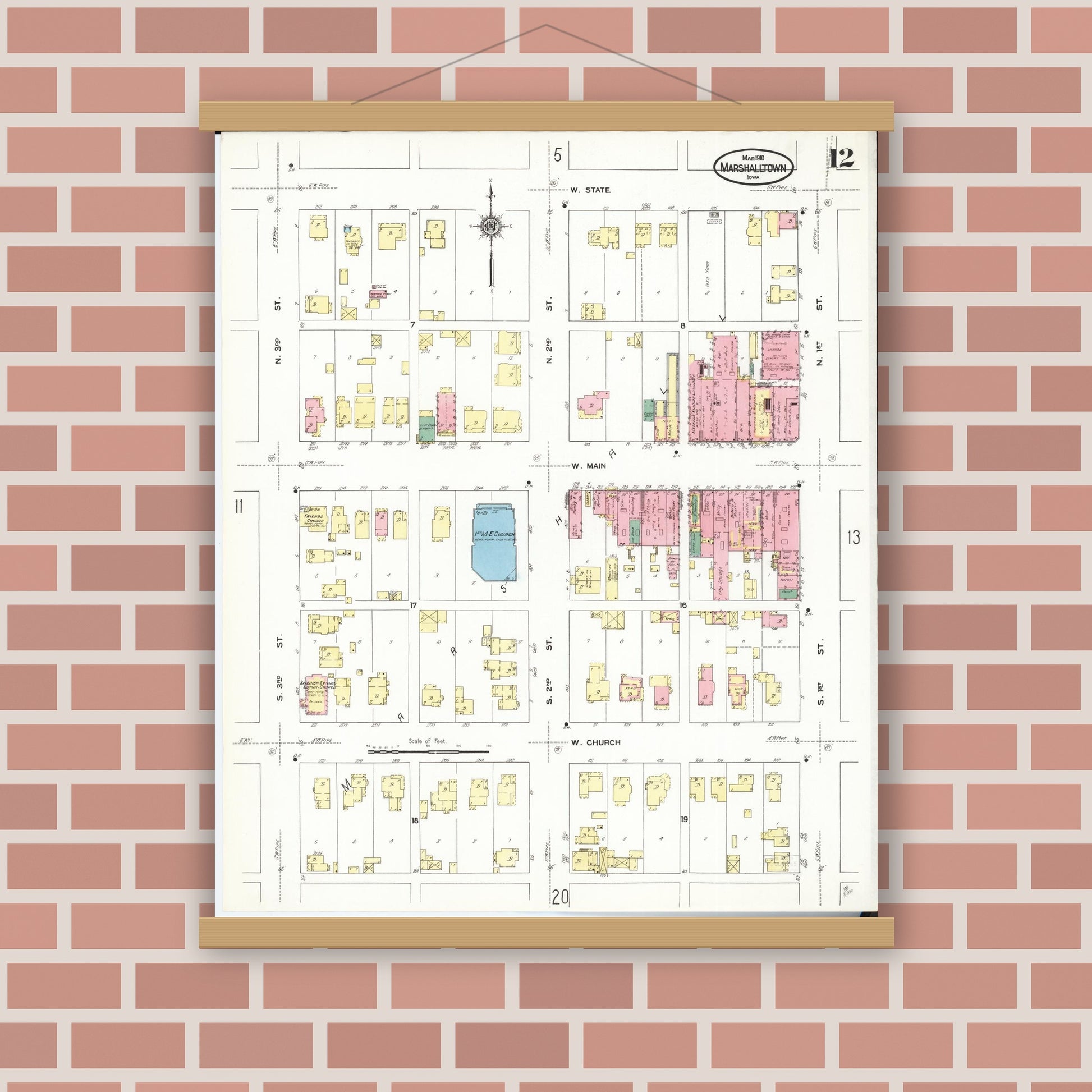 Old map wall art mockup — magnetic wood frame on brick wall — Sanborn Fire Insurance Map from Marshalltown, Marshall County, Iowa (1910), Sheet #0012