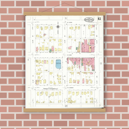 Old map wall art mockup — magnetic wood frame on brick wall — Sanborn Fire Insurance Map from Marshalltown, Marshall County, Iowa (1910), Sheet #0012