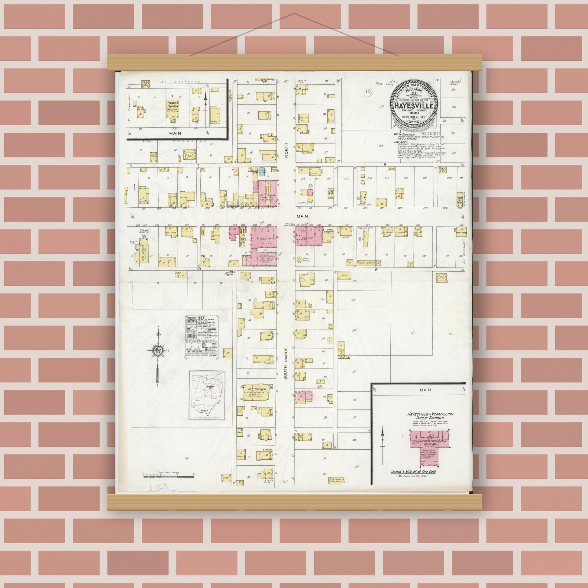 Old map wall art mockup — magnetic wood frame on brick wall — Sanborn Fire Insurance Map from Hayesville, Ashland County, Ohio (1929), Sheet #0001