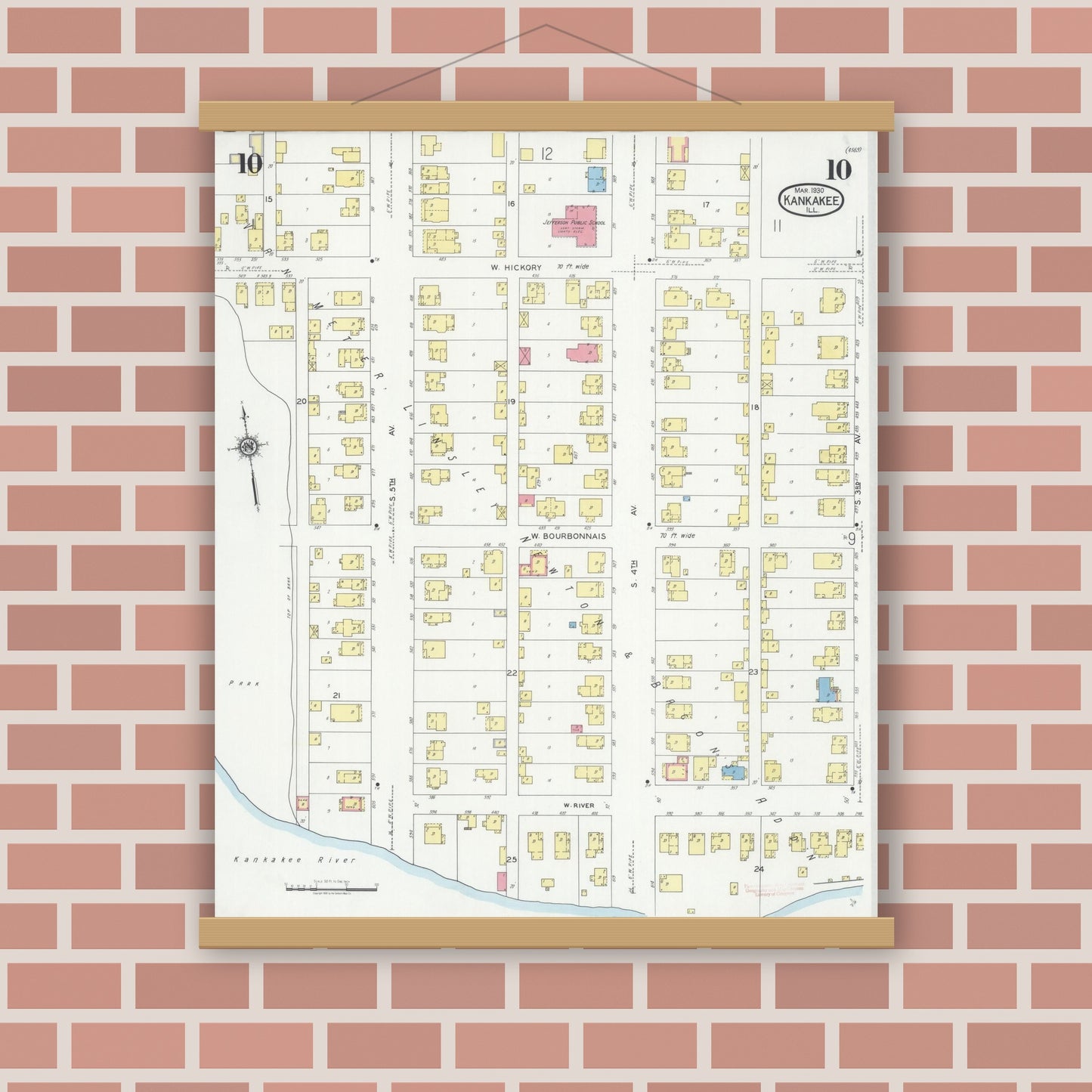 Old map wall art mockup — magnetic wood frame on brick wall — Sanborn Fire Insurance Map from Kankakee, Kankakee County, Illinois (1930), Sheet #0010