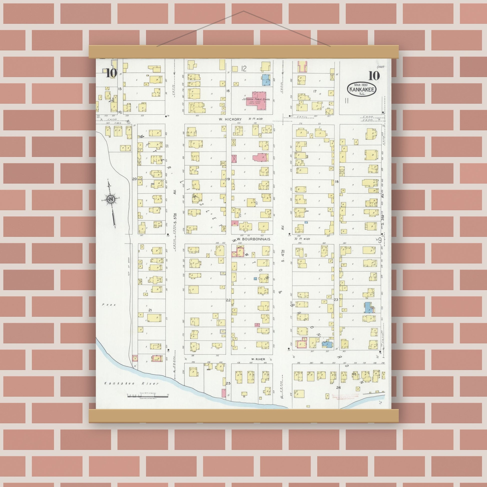 Old map wall art mockup — magnetic wood frame on brick wall — Sanborn Fire Insurance Map from Kankakee, Kankakee County, Illinois (1930), Sheet #0010