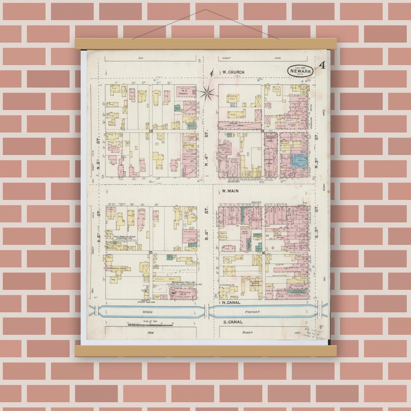 Old map wall art mockup — magnetic wood frame on brick wall — Sanborn Fire Insurance Map from Newark, Licking County, Ohio (1889), Sheet #0004