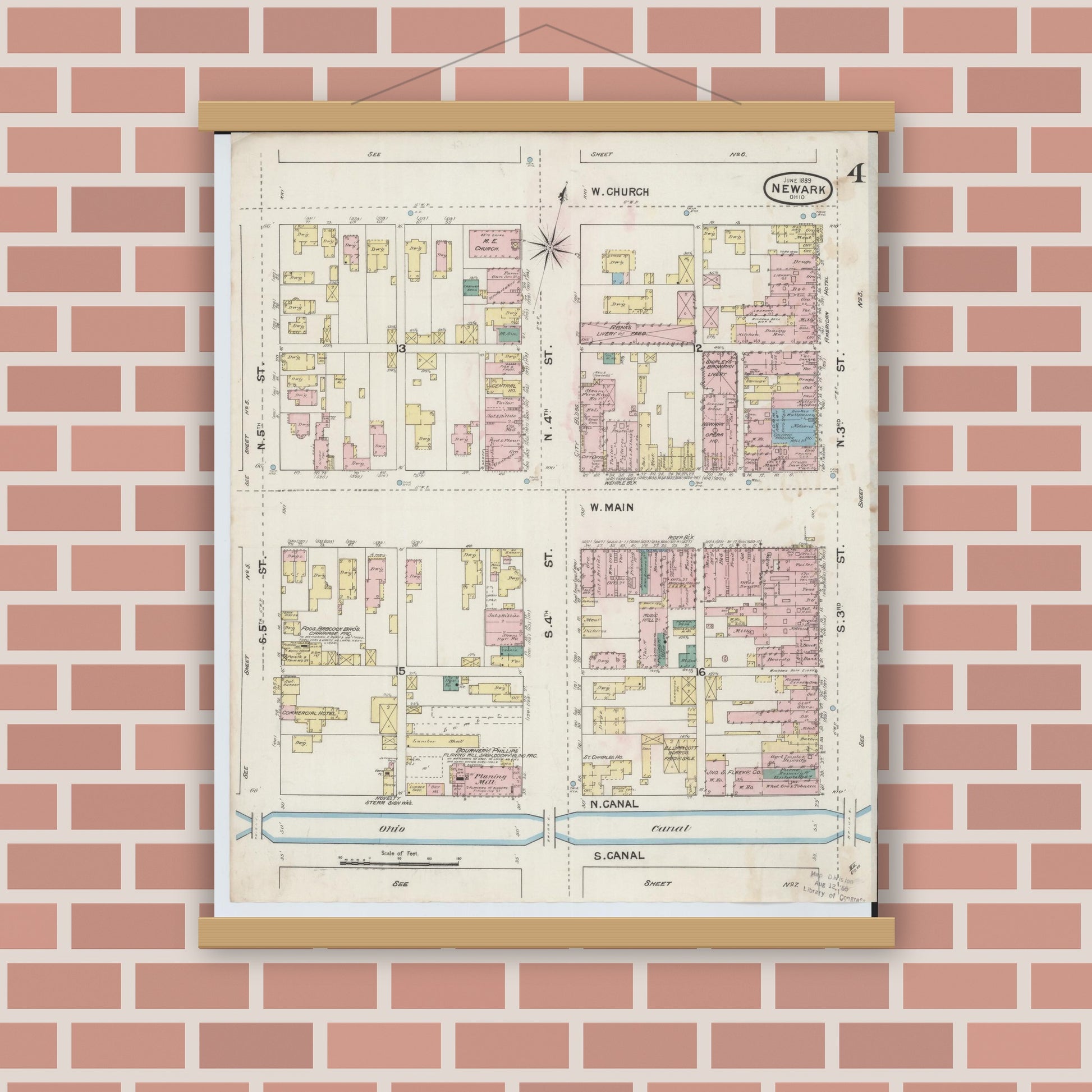Old map wall art mockup — magnetic wood frame on brick wall — Sanborn Fire Insurance Map from Newark, Licking County, Ohio (1889), Sheet #0004