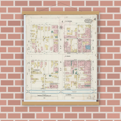 Old map wall art mockup — magnetic wood frame on brick wall — Sanborn Fire Insurance Map from Newark, Licking County, Ohio (1889), Sheet #0004