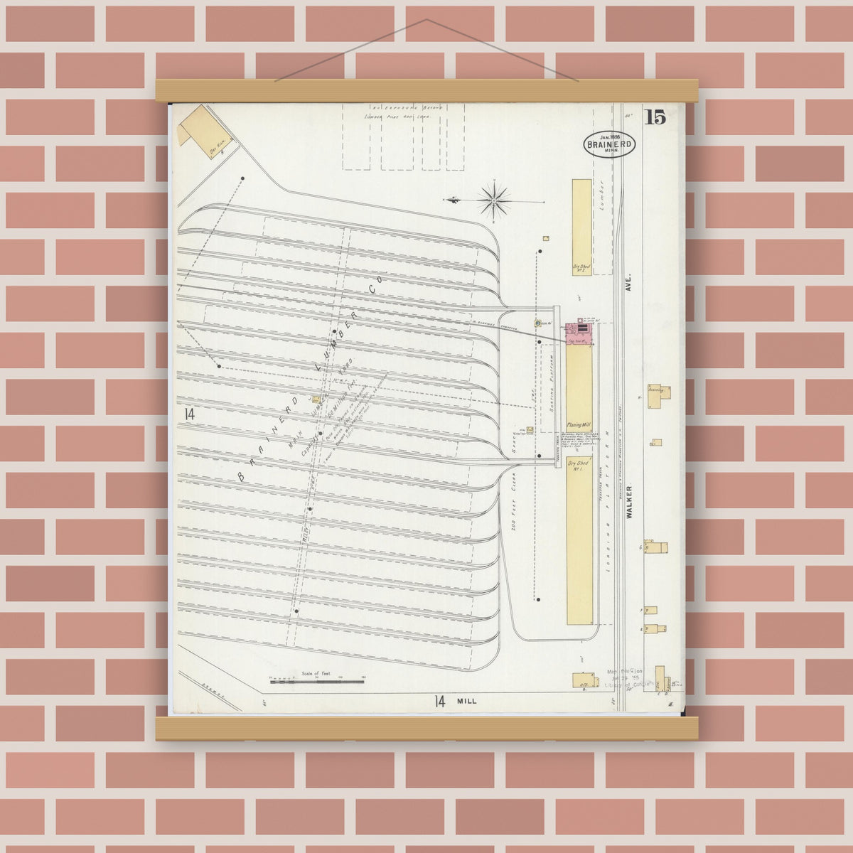 Old map wall art mockup — magnetic wood frame on brick wall — Sanborn Fire Insurance Map from Brainerd, Crow Wing County, Minnesota (1898), Sheet #0015