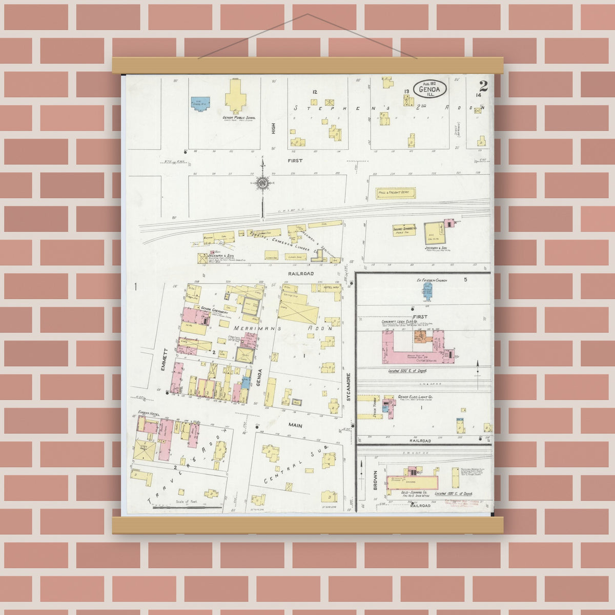 Old map wall art mockup — magnetic wood frame on brick wall — Sanborn Fire Insurance Map from Genoa, De Kalb County, Illinois (1912), Sheet #0002