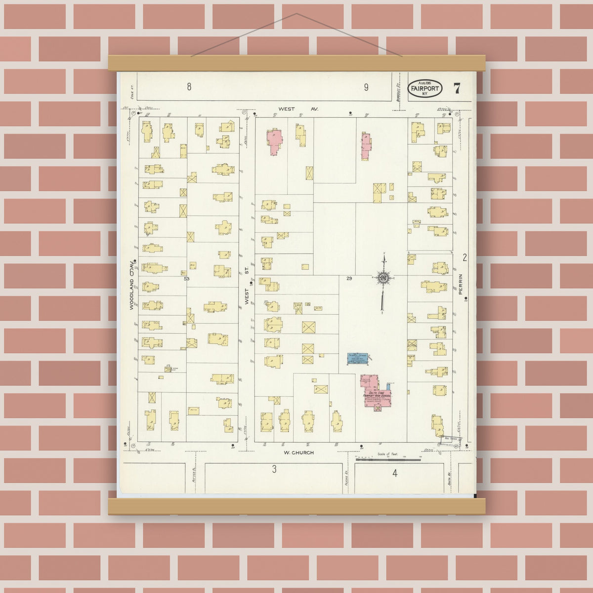 Old map wall art mockup — magnetic wood frame on brick wall — Sanborn Fire Insurance Map from Fairport, Monroe County, New York (1915), Sheet #0007
