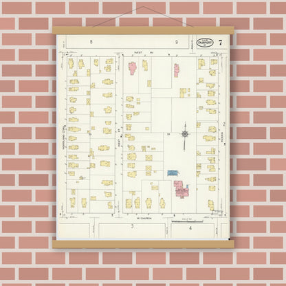 Old map wall art mockup — magnetic wood frame on brick wall — Sanborn Fire Insurance Map from Fairport, Monroe County, New York (1915), Sheet #0007