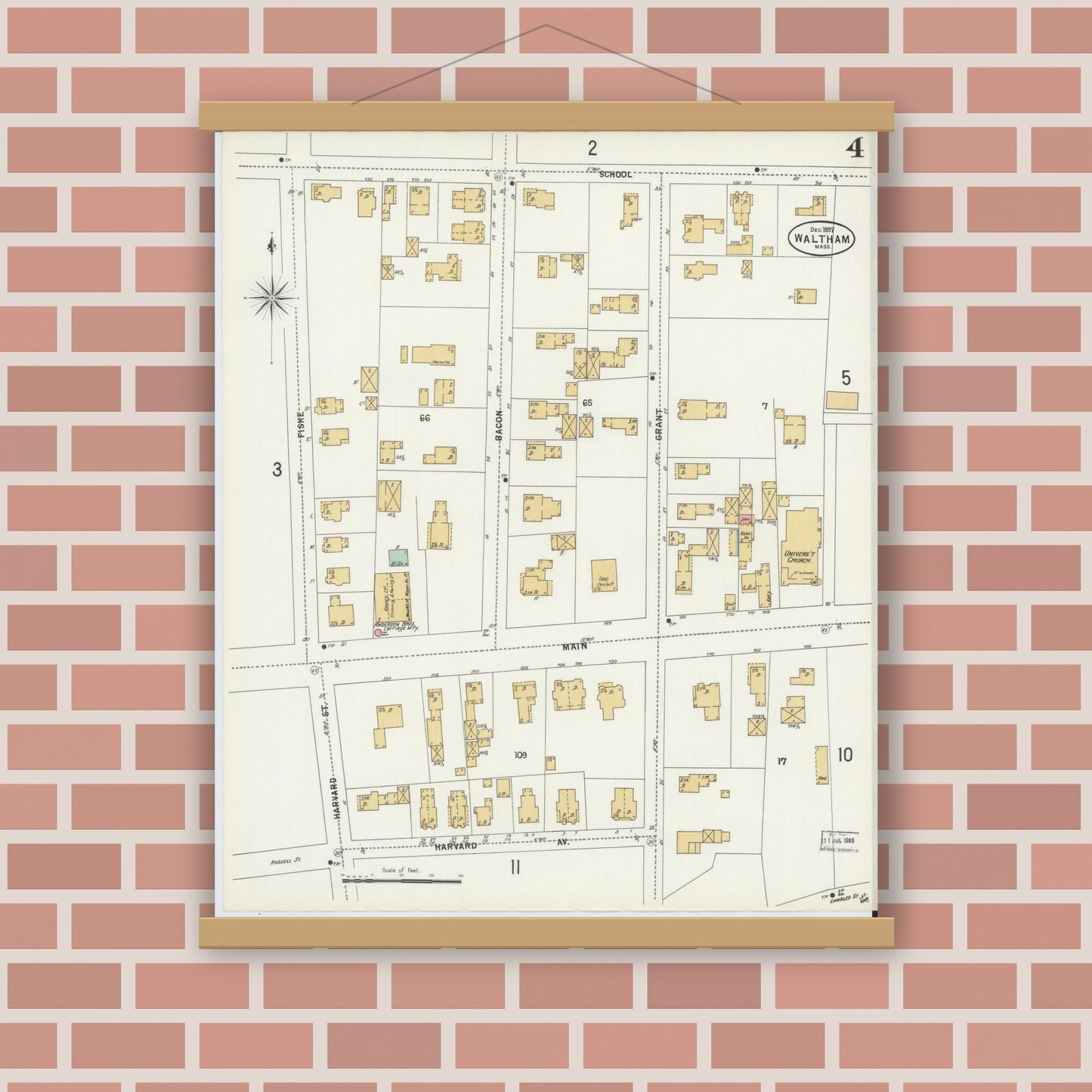 Old map wall art mockup — magnetic wood frame on brick wall — Sanborn Fire Insurance Map from Waltham, Middlesex County, Massachusetts (1897), Sheet #0004